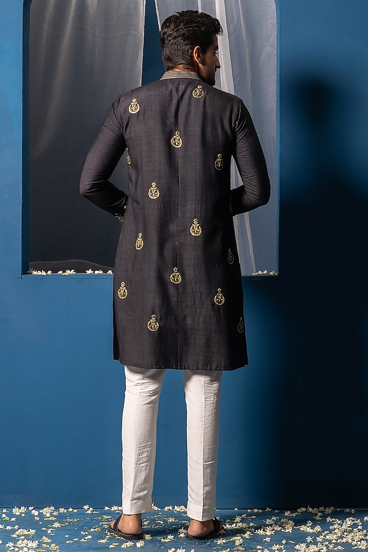 Black Cotton Silk Mirror Embroidered Kurta by AYUSH JAIN at Pernia's Pop Up Shop