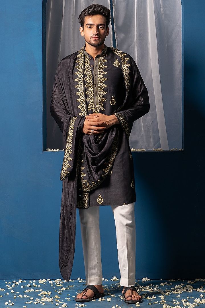 Black Cotton Silk Mirror Embroidered Kurta With Stole by AYUSH JAIN