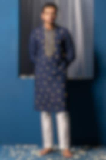 Dark Blue Cotton Silk Mirror Embroidered Kurta by AYUSH JAIN