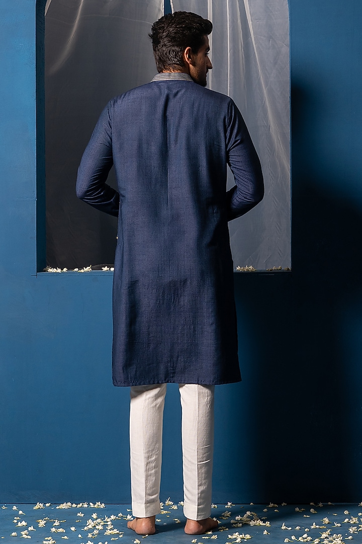 Dark Blue Cotton Silk Mirror Embroidered Kurta by AYUSH JAIN at Pernia's Pop Up Shop
