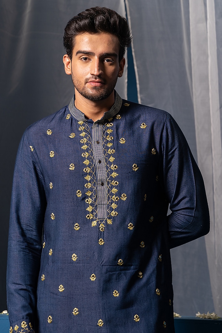Dark Blue Cotton Silk Mirror Embroidered Kurta by AYUSH JAIN at Pernia's Pop Up Shop