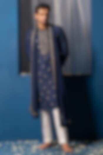 Dark Blue Cotton Silk Mirror Embroidered Kurta With Stole by AYUSH JAIN