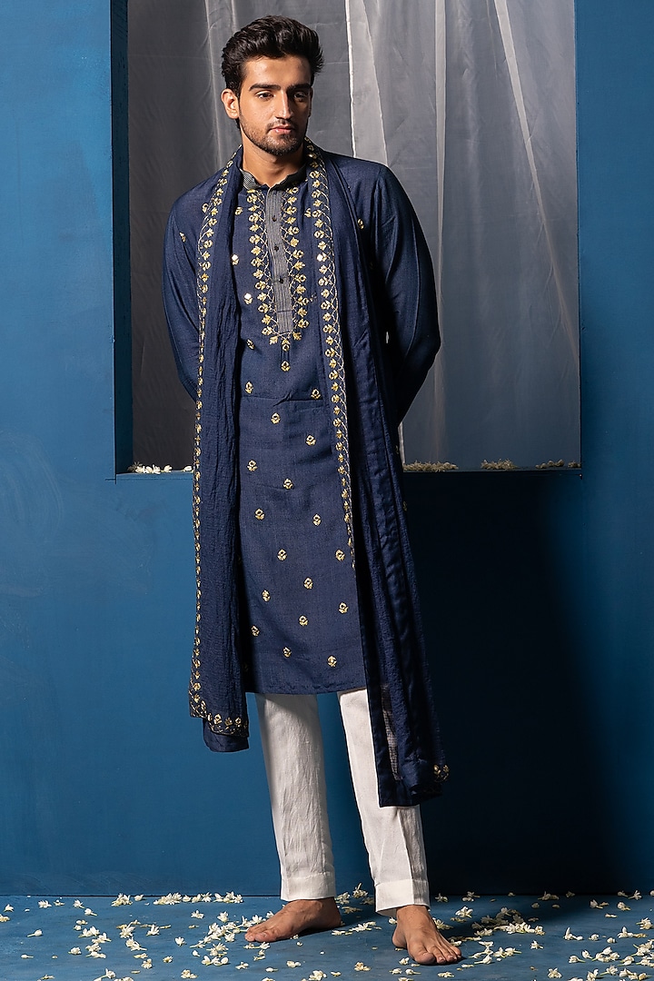 Dark Blue Cotton Silk Mirror Embroidered Kurta With Stole by AYUSH JAIN