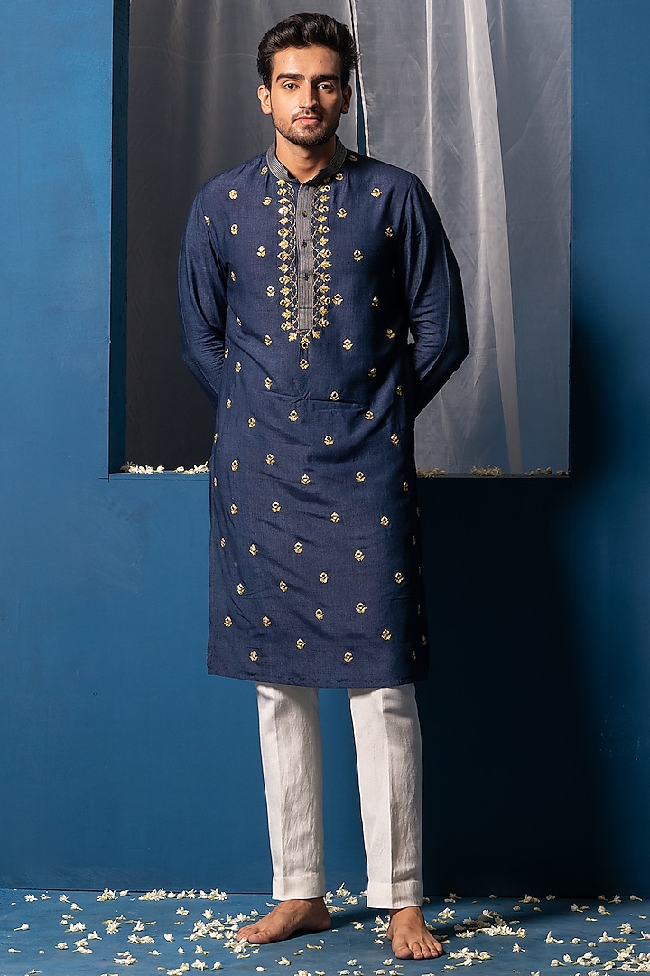 Dark Blue Cotton Silk Mirror Embroidered Kurta With Stole by AYUSH JAIN at Pernia's Pop Up Shop