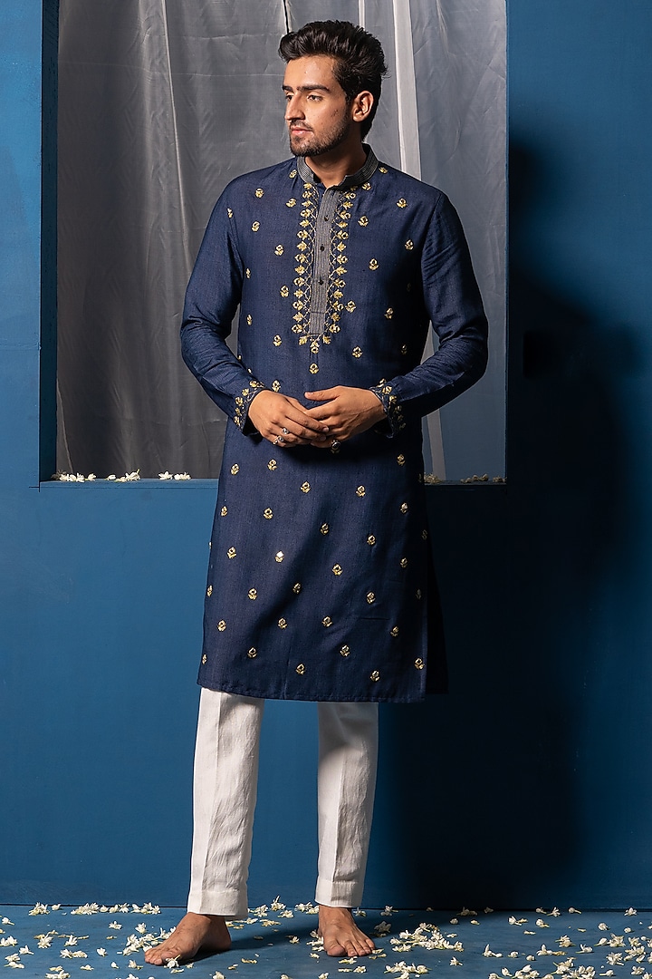 Dark Blue Cotton Silk Mirror Embroidered Kurta With Stole by AYUSH JAIN at Pernia's Pop Up Shop