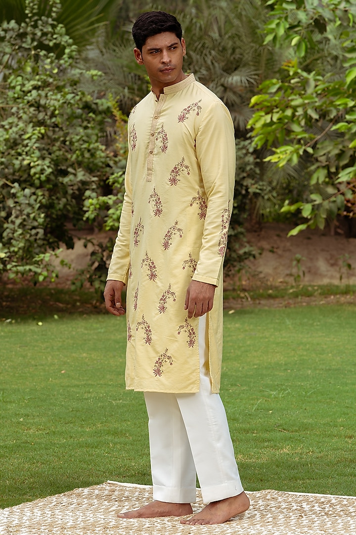 Light Golden Green Cotton Silk Hand Embroidered Kurta by AYUSH JAIN