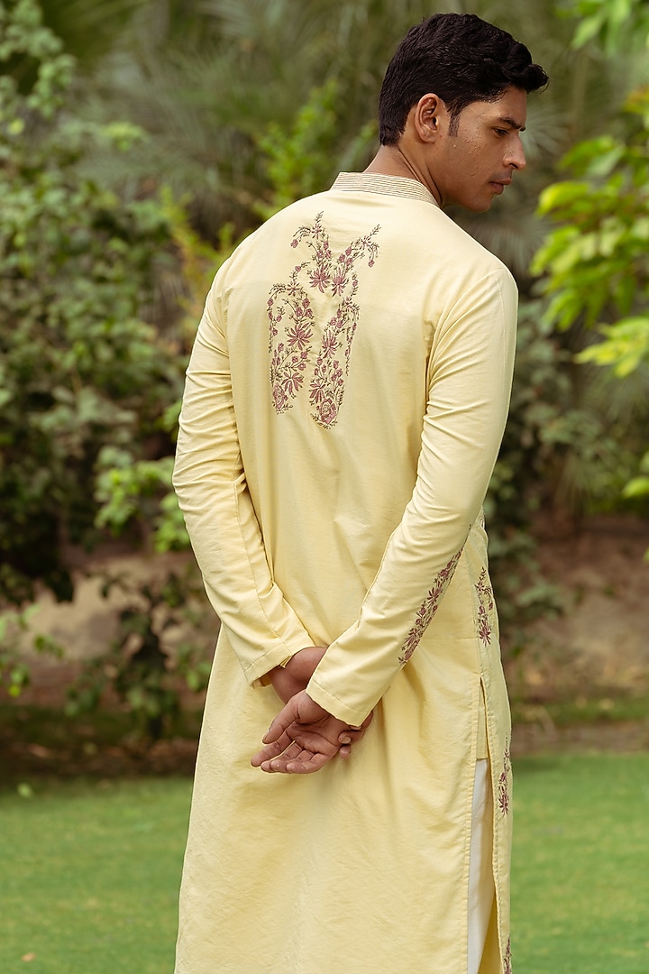 Light Golden Green Cotton Silk Hand Embroidered Kurta by AYUSH JAIN at Pernia's Pop Up Shop