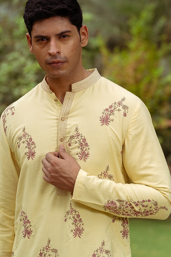 Light Golden Green Cotton Silk Hand Embroidered Kurta by AYUSH JAIN at Pernia's Pop Up Shop