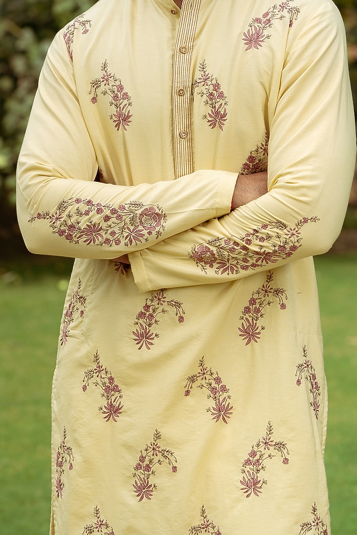 Light Golden Green Cotton Silk Hand Embroidered Kurta by AYUSH JAIN at Pernia's Pop Up Shop