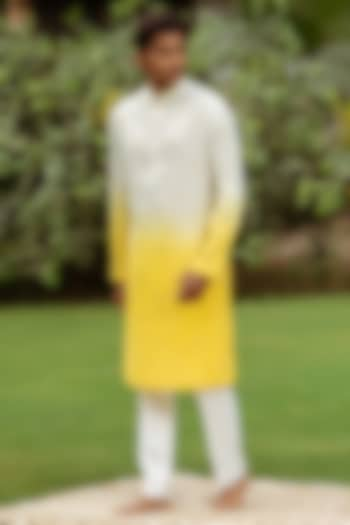 Yellow & White Ombre Cotton Silk Motif Hand Work Kurta by AYUSH JAIN