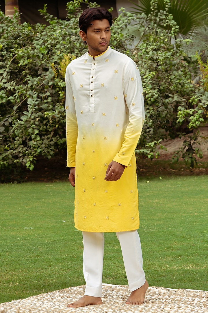 Yellow & White Ombre Cotton Silk Motif Hand Work Kurta by AYUSH JAIN