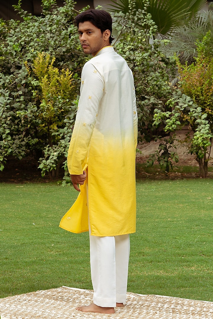 Yellow & White Ombre Cotton Silk Motif Hand Work Kurta by AYUSH JAIN at Pernia's Pop Up Shop