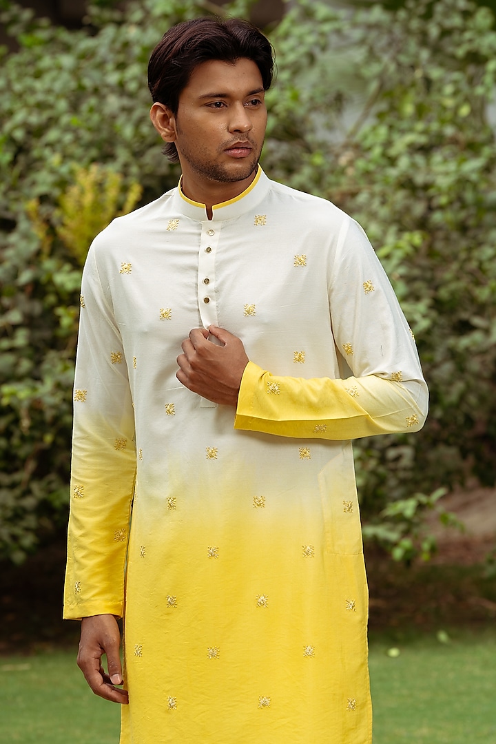Yellow & White Ombre Cotton Silk Motif Hand Work Kurta by AYUSH JAIN at Pernia's Pop Up Shop