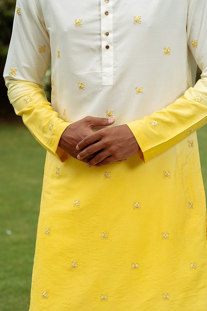 Yellow & White Ombre Cotton Silk Motif Hand Work Kurta by AYUSH JAIN at Pernia's Pop Up Shop