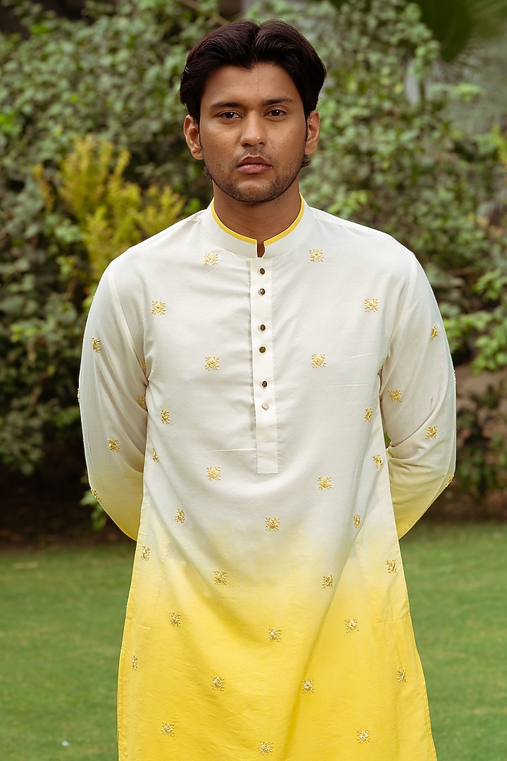 Yellow & White Ombre Cotton Silk Motif Hand Work Kurta by AYUSH JAIN at Pernia's Pop Up Shop