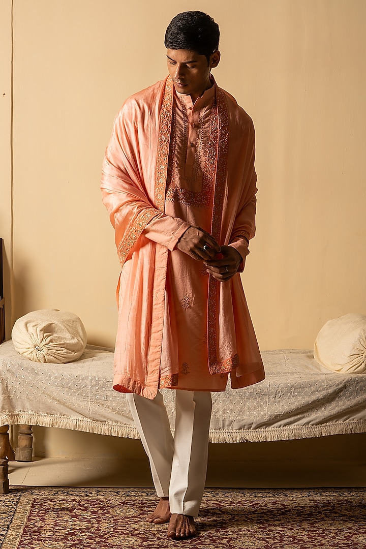 Peachish Pink Cotton Silk Zari Hand Embroidered Kurta With Stole by AYUSH JAIN