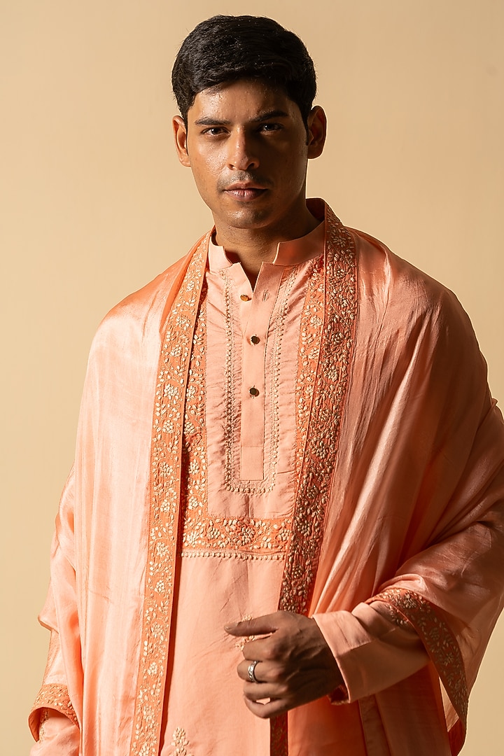 Peachish Pink Cotton Silk Zari Hand Embroidered Kurta With Stole by AYUSH JAIN at Pernia's Pop Up Shop