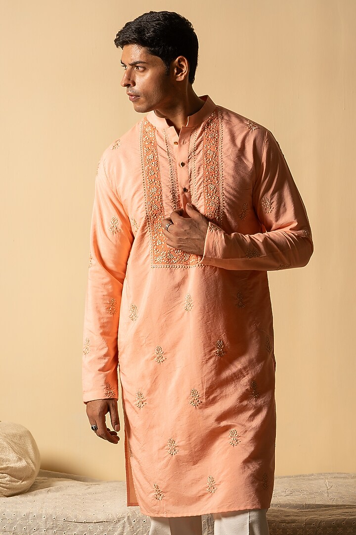 Peachish Pink Cotton Silk Zari Hand Embroidered Kurta With Stole by AYUSH JAIN at Pernia's Pop Up Shop