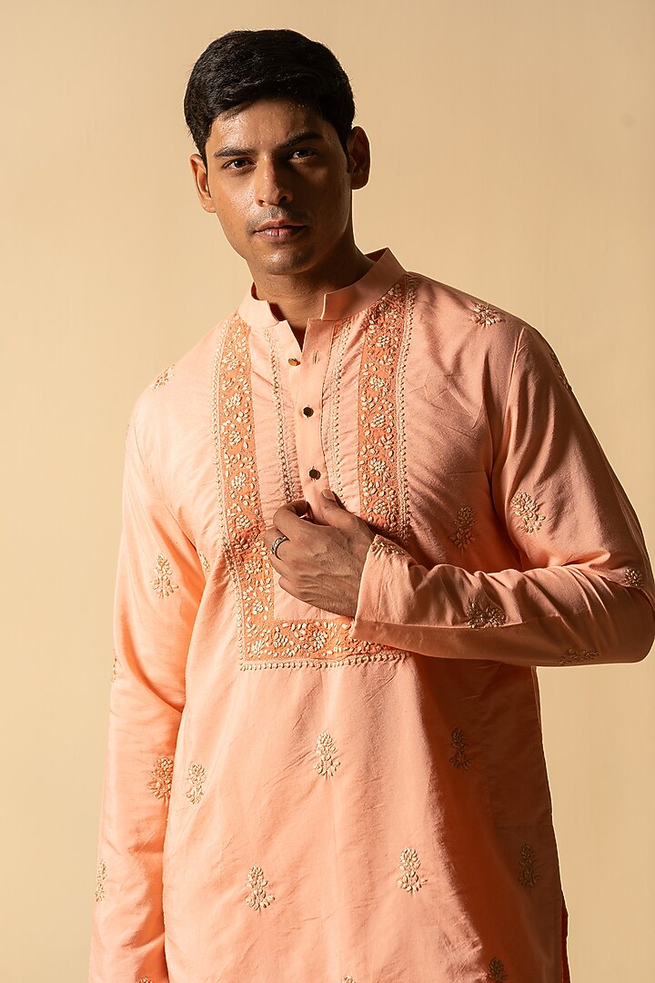 Peachish Pink Cotton Silk Zari Hand Embroidered Kurta With Stole by AYUSH JAIN at Pernia's Pop Up Shop