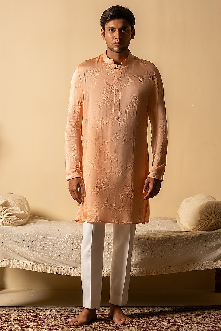 Peach Satin Silk Floral Hand Embroidered Kurta by AYUSH JAIN