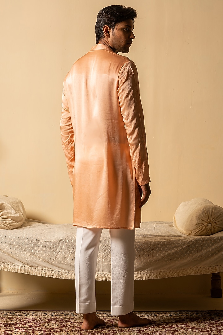 Peach Satin Silk Floral Hand Embroidered Kurta by AYUSH JAIN at Pernia's Pop Up Shop