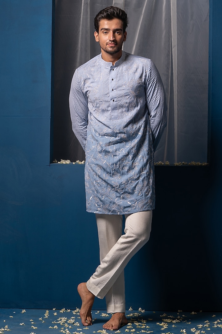 Blue Ombre Cotton Silk Floral Jaal Embroidered Kurta by AYUSH JAIN