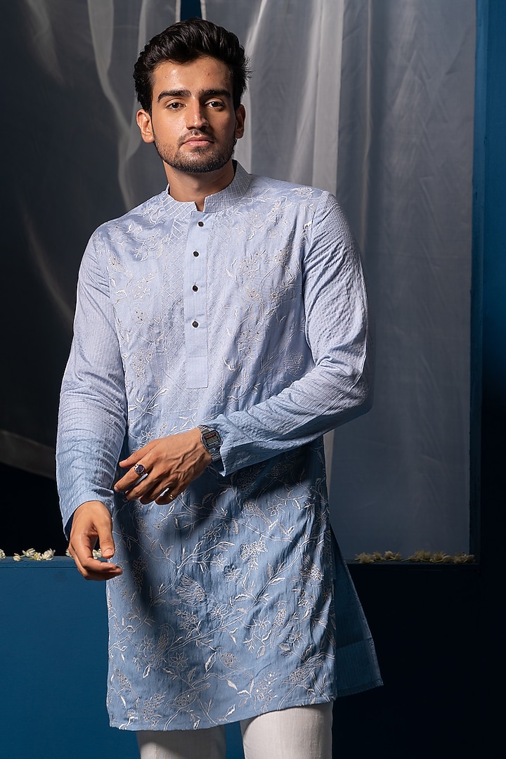 Blue Ombre Cotton Silk Floral Jaal Embroidered Kurta by AYUSH JAIN at Pernia's Pop Up Shop