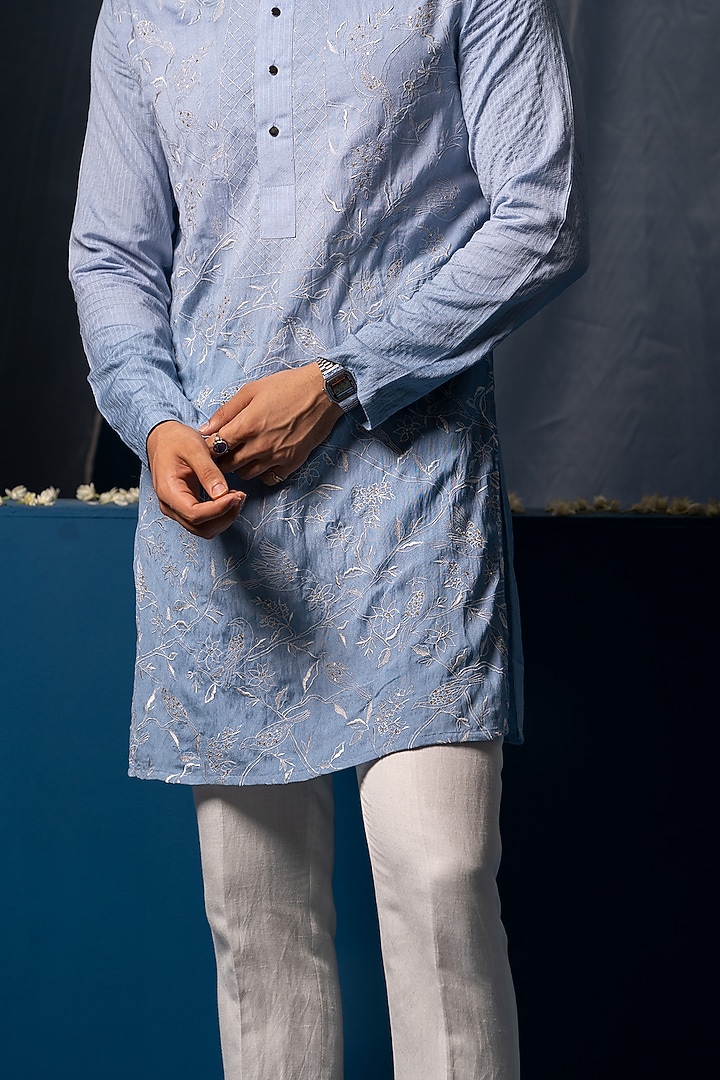 Blue Ombre Cotton Silk Floral Jaal Embroidered Kurta by AYUSH JAIN at Pernia's Pop Up Shop