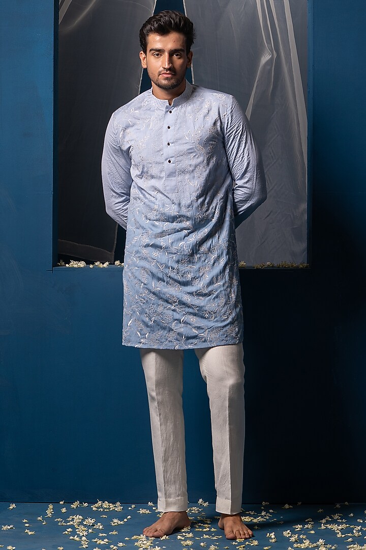 Blue Ombre Cotton Silk Floral Jaal Embroidered Kurta by AYUSH JAIN at Pernia's Pop Up Shop