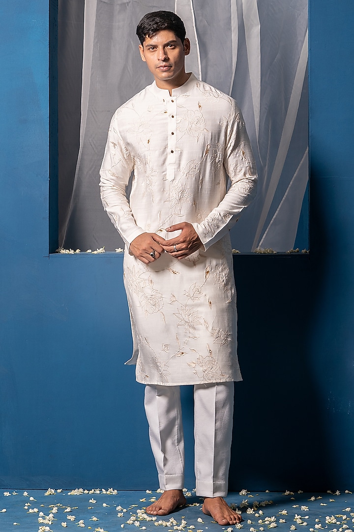 White Cotton Silk Bead Hand Embroidered Kurta by AYUSH JAIN