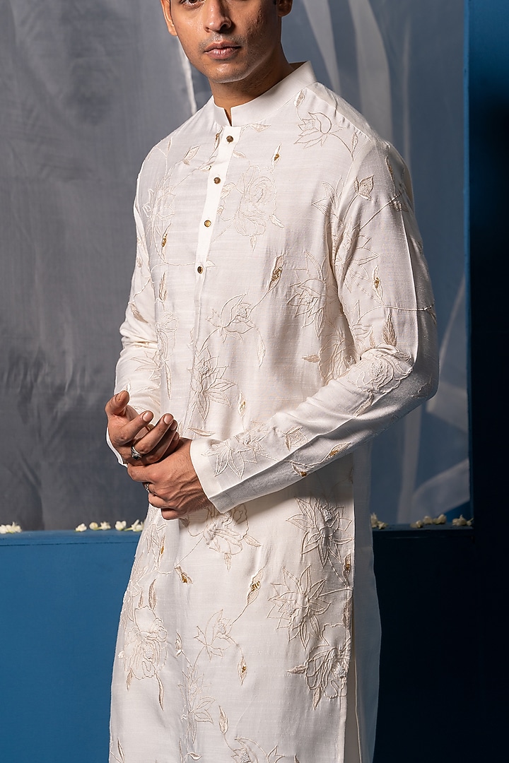 White Cotton Silk Bead Hand Embroidered Kurta by AYUSH JAIN at Pernia's Pop Up Shop