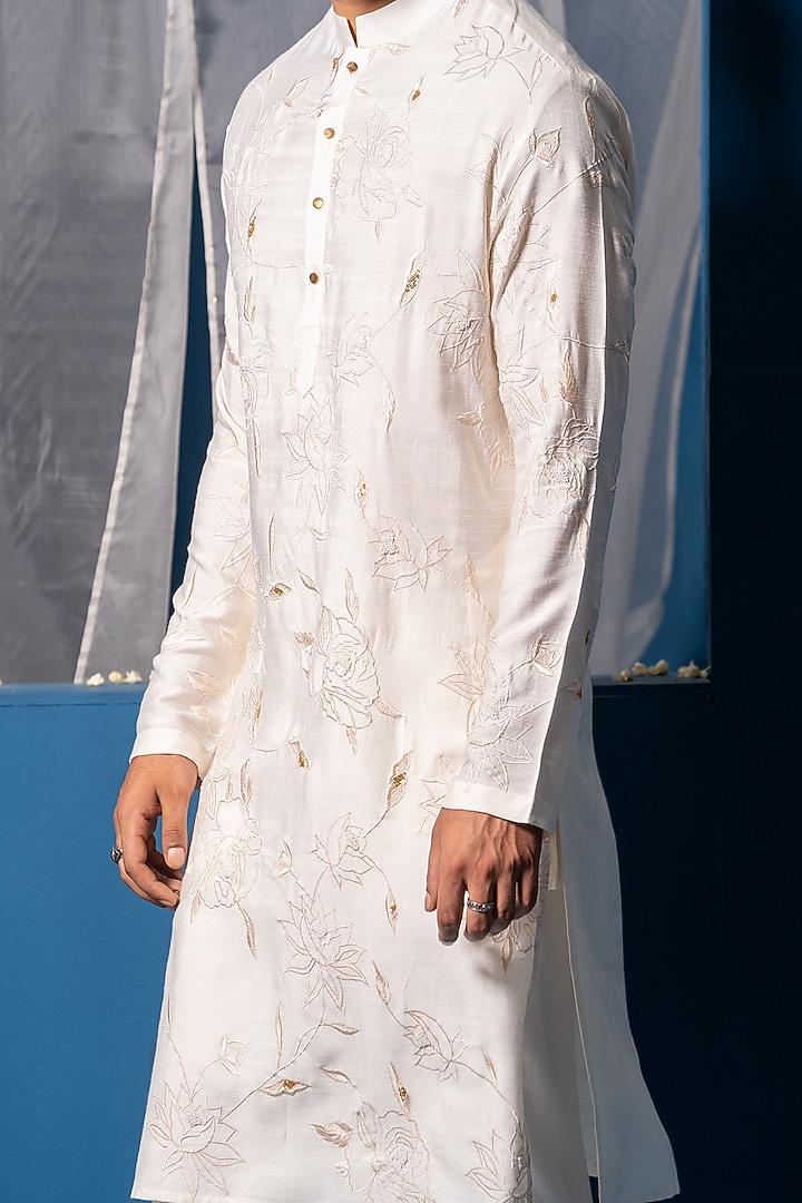 White Cotton Silk Bead Hand Embroidered Kurta by AYUSH JAIN at Pernia's Pop Up Shop