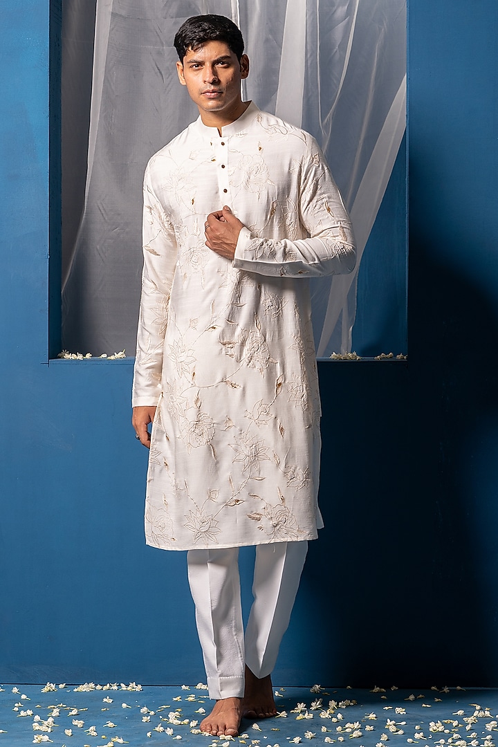 White Cotton Silk Bead Hand Embroidered Kurta by AYUSH JAIN at Pernia's Pop Up Shop