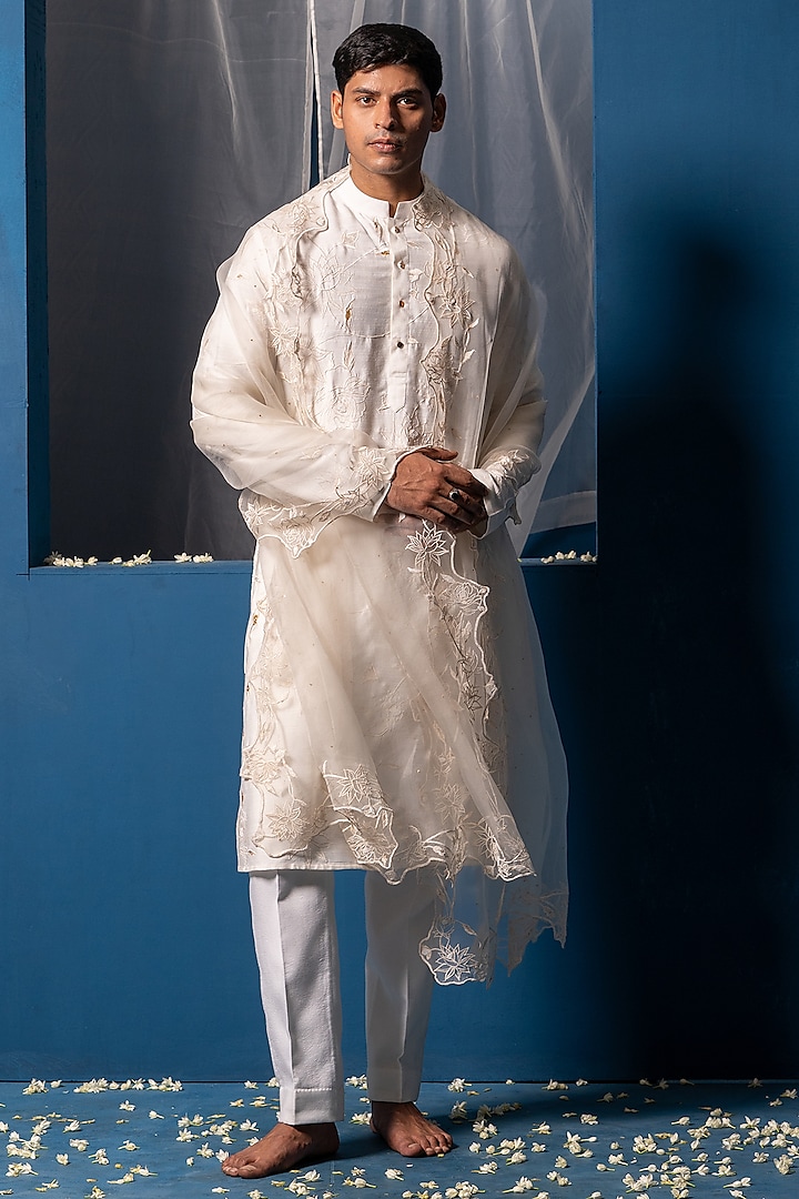 White Cotton Silk Bead Hand Embroidered Kurta With Stole by AYUSH JAIN