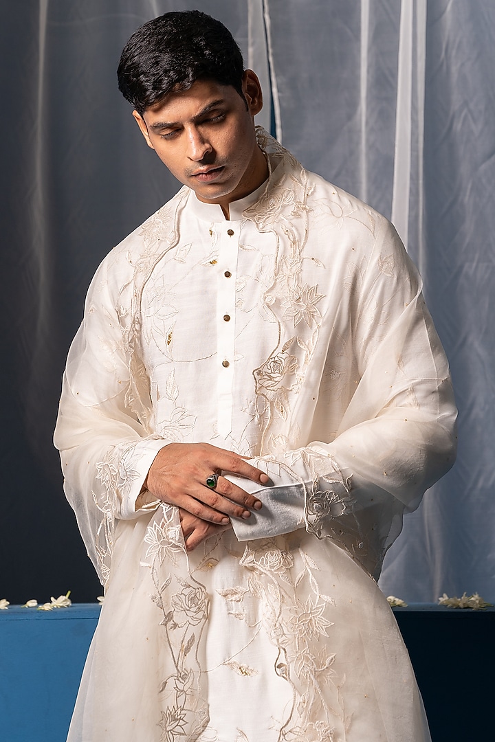 White Cotton Silk Bead Hand Embroidered Kurta With Stole by AYUSH JAIN at Pernia's Pop Up Shop