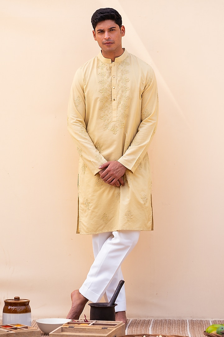 Golden Green Cotton Silk Dori Embroidered Kurta by AYUSH JAIN