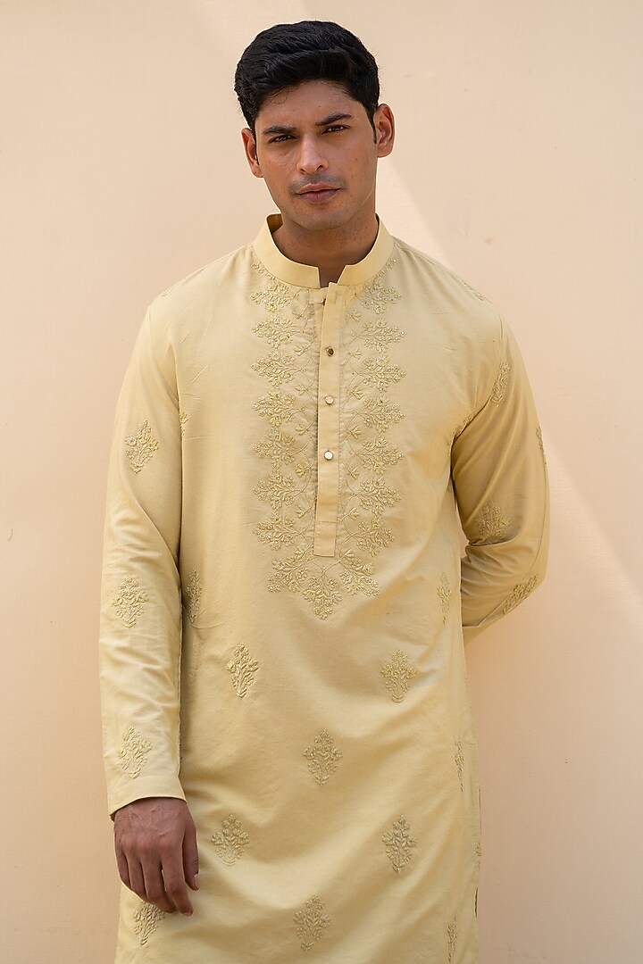 Golden Green Cotton Silk Dori Embroidered Kurta by AYUSH JAIN at Pernia's Pop Up Shop