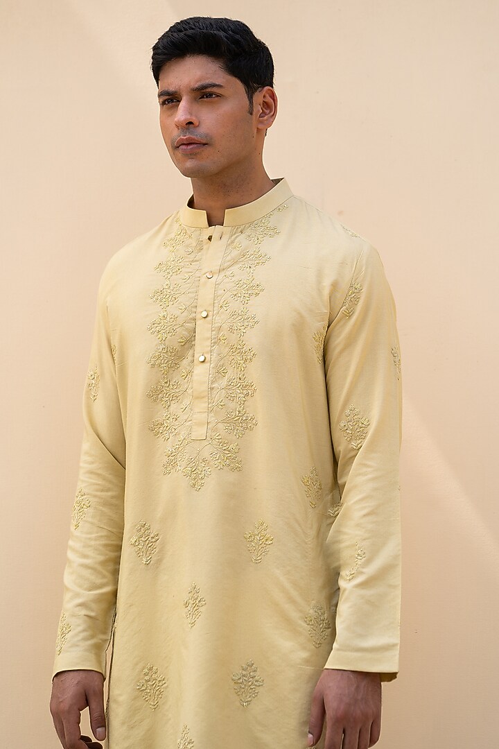 Golden Green Cotton Silk Dori Embroidered Kurta by AYUSH JAIN at Pernia's Pop Up Shop