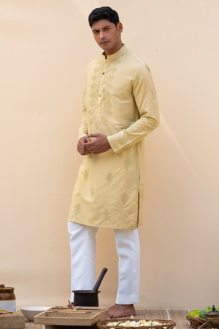 Golden Green Cotton Silk Dori Embroidered Kurta by AYUSH JAIN at Pernia's Pop Up Shop