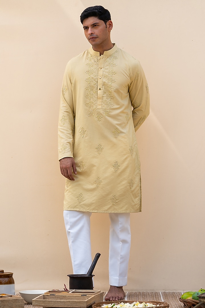 Golden Green Cotton Silk Dori Embroidered Kurta by AYUSH JAIN at Pernia's Pop Up Shop