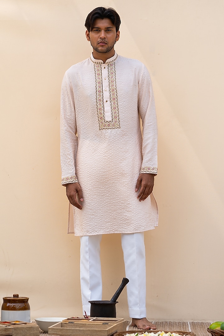 Light Pink Cotton Silk Hand Embroidered Kurta by AYUSH JAIN