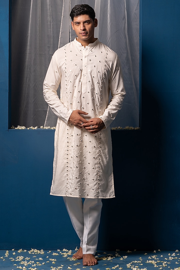 White Cotton Silk Mirror Hand Embroidered Kurta by AYUSH JAIN