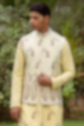 Light Golden Green Silk Hand Embroidered Bundi Jacket by AYUSH JAIN