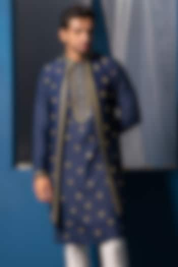 Dark Blue Silk Mirror Embroidered Bundi Jacket by AYUSH JAIN