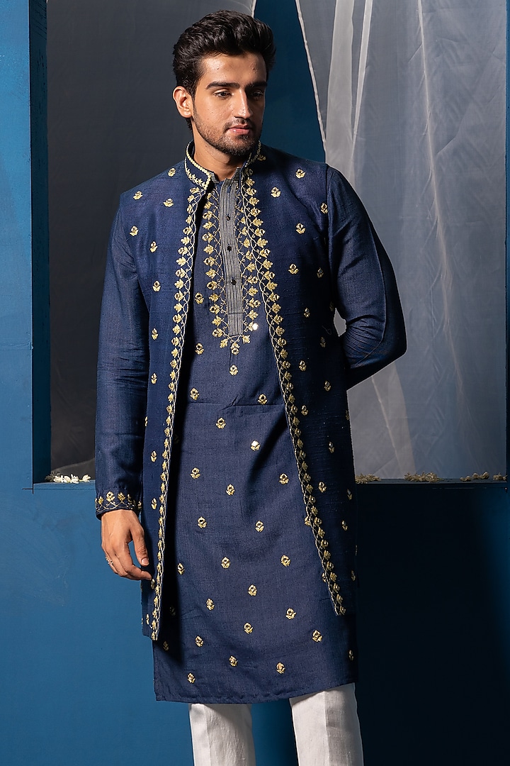 Dark Blue Silk Mirror Embroidered Bundi Jacket by AYUSH JAIN