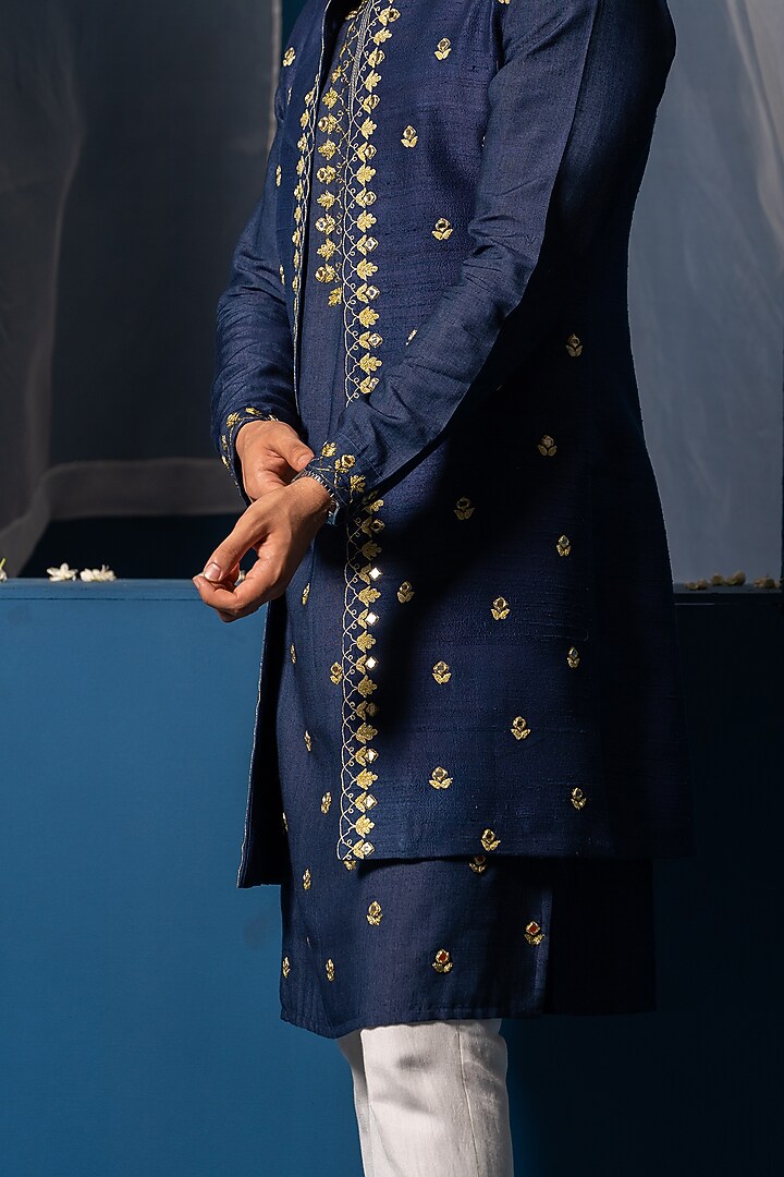 Dark Blue Silk Mirror Embroidered Bundi Jacket by AYUSH JAIN at Pernia's Pop Up Shop