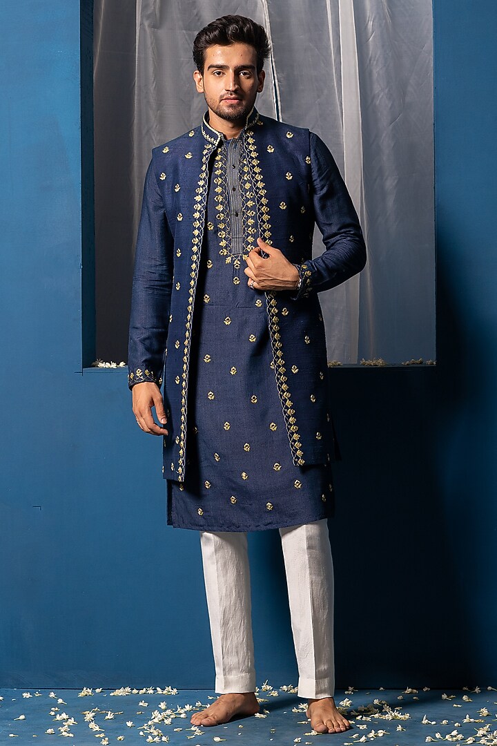 Dark Blue Silk Mirror Embroidered Bundi Jacket by AYUSH JAIN at Pernia's Pop Up Shop