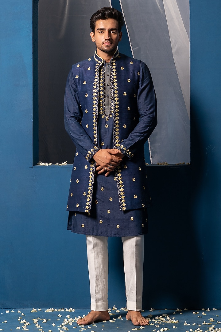 Dark Blue Silk Mirror Embroidered Bundi Jacket by AYUSH JAIN at Pernia's Pop Up Shop