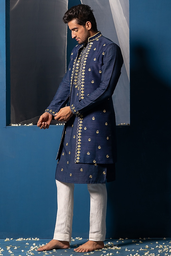 Dark Blue Silk Mirror Embroidered Bundi Jacket by AYUSH JAIN at Pernia's Pop Up Shop