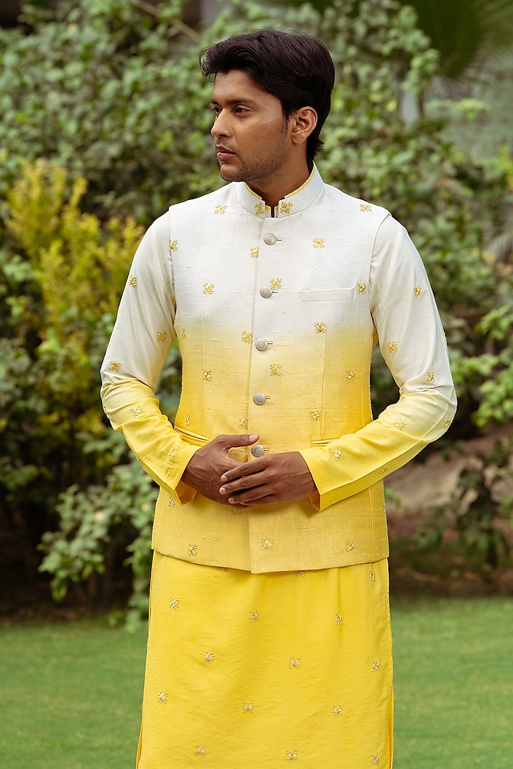 Yellow Ombre Silk Motif Hand Embroidered Bundi Jacket by AYUSH JAIN